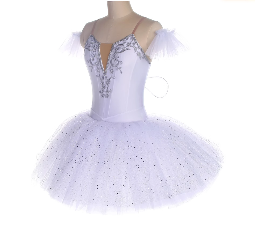 White Professional Ballet Tutu with Wings Silver Embellished Bodice, Sparkly Tulle Short Skirt Swan Lake Performance Costume