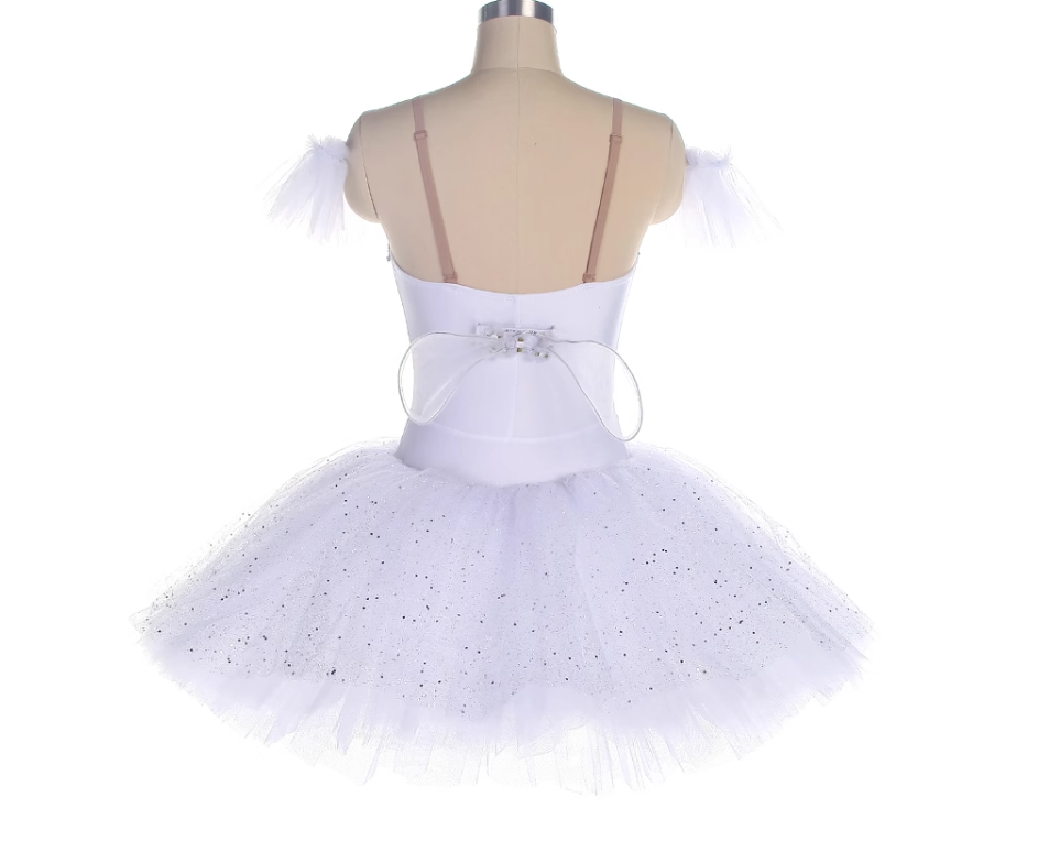 White Professional Ballet Tutu with Wings Silver Embellished Bodice, Sparkly Tulle Short Skirt Swan Lake Performance Costume