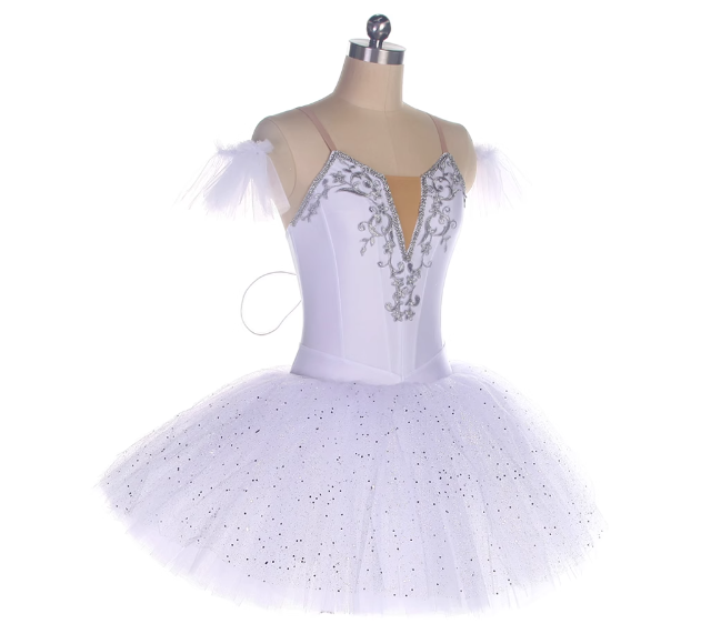 White Professional Ballet Tutu with Wings Silver Embellished Bodice, Sparkly Tulle Short Skirt Swan Lake Performance Costume