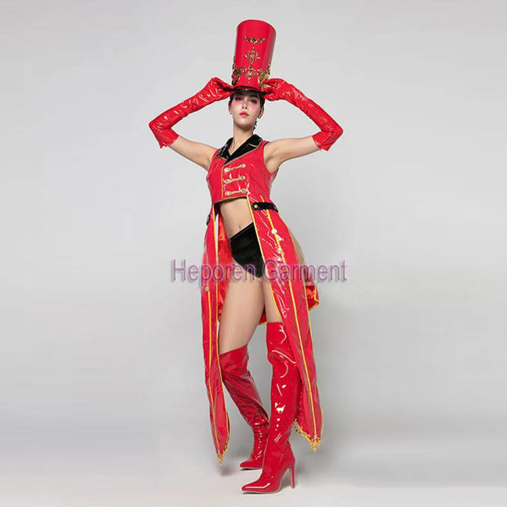 Red Black Christmas Woman Soldiers Patrol Costume Nutcracker,Bar Party Cosplay Dance Performance Suit Including Hat Gloves