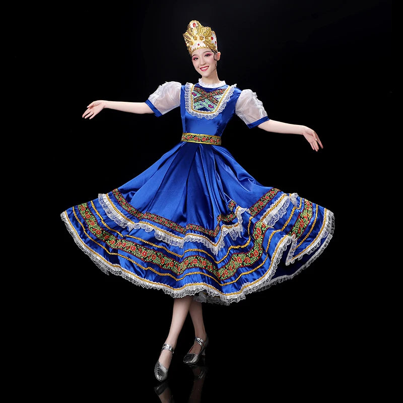 Russian Folk Dance Costume European Style Gorgeous Blue Palace Dress With Headwear,Princess Maid Long Skirt Performance Show