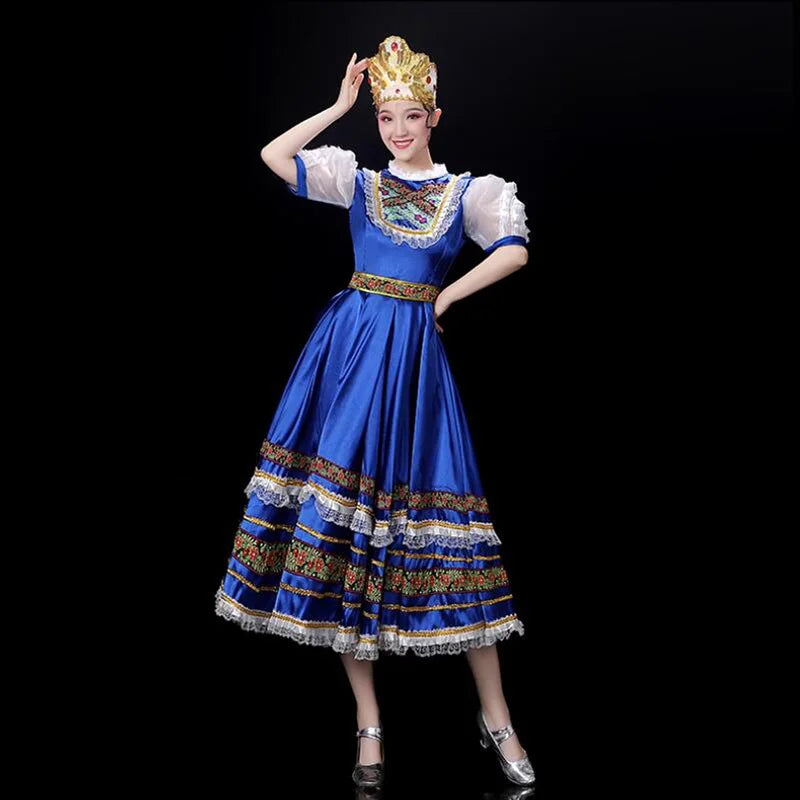 Russian Folk Dance Costume European Style Gorgeous Blue Palace Dress With Headwear,Princess Maid Long Skirt Performance Show