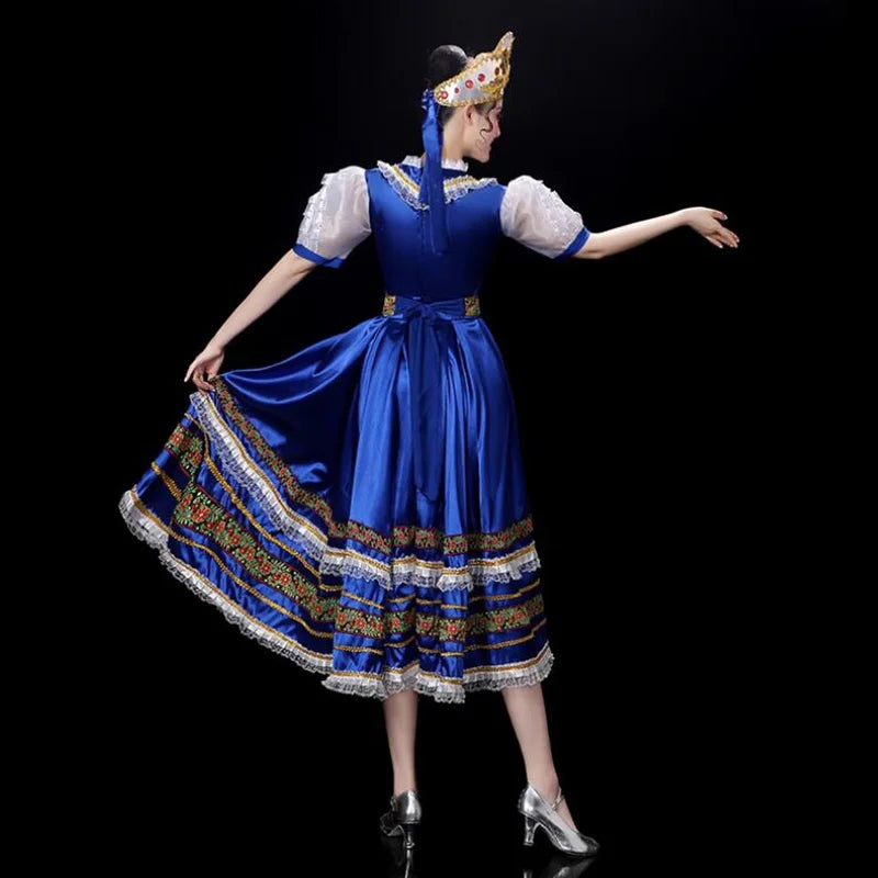 Russian Folk Dance Costume European Style Gorgeous Blue Palace Dress With Headwear,Princess Maid Long Skirt Performance Show