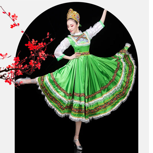 Russian Folk Dance Dress Costume Big Swing Hem,European Style Gorgeous Green Palace Dress Princess Maid Costume Stage Performanc