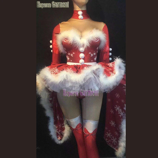 Big Long Sleeve Christmas Dress Woman New Year Performance Costumes With Long Sockings