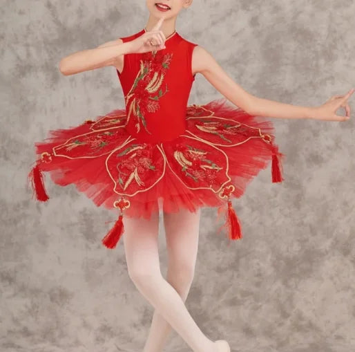 Red Ballet Tutu Dress With Chinese Knot For Stage Performance,Hard Net Chinese Style Ballet Dance Pancake Tutus