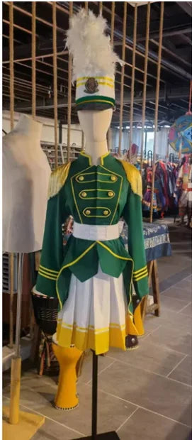 Customized Woman Unique and Stylish Marching Band Uniform,Green Yellow Military Band Coat Skirt With Hat Shell Command Suit