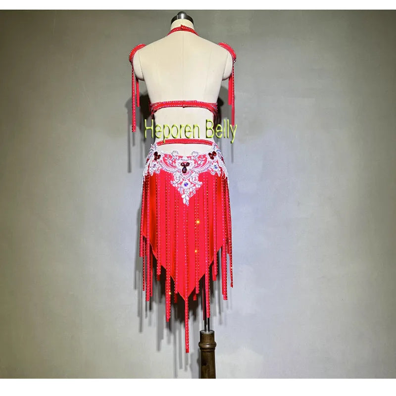 High Quality Red Lovely Belly Dance Dress Costumes Set Top & Skirt Sparkling Diamond Tassel New Arrival