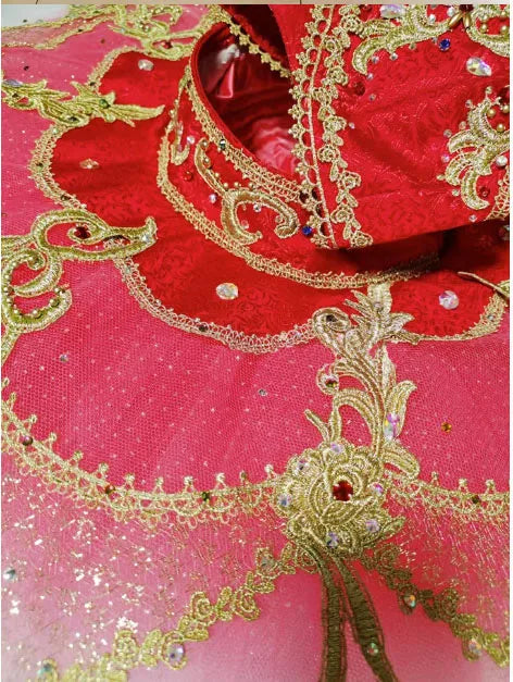 Professional Custom Red Ballet Dress Split Top And Bottom Pancake Skirt For Pirate Variations Gradient Hard Yarn Plate Tutus