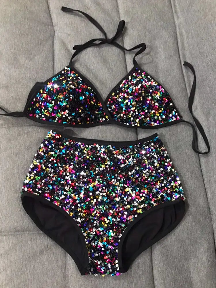 Klub Sexy Sequined Bling Bikinis Set Bra Panties Sets,Woman Top And Shorts Bodycon Bodysuit Performance Dance Or Singer