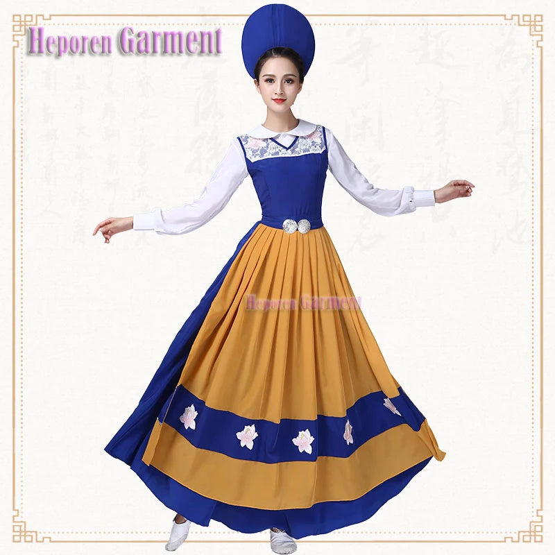 Customized Adult Switzerland Long Dancing Dress In Royal Blue Yellow For Stage,European Dutch Swedish Folk Dance Costumes