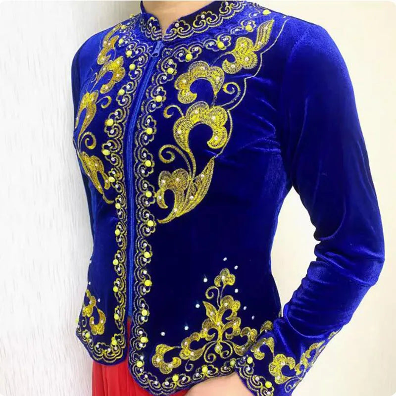 Fashionable Slim Fitting Elastic Ethnic Minority Dance Clothing, Men Golden Velvet Embroidered Diamond Top Long Sleeved Vest