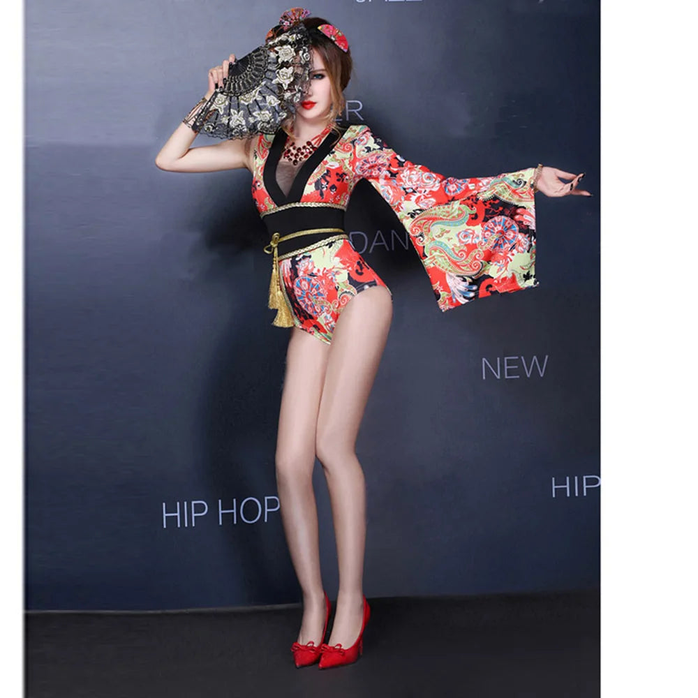 Female Geisha Bodysuit Sexy Club One-piece Bodycon Costumes, Women Flower Jumpsuits Okuni Clothes Single Big Sleeve