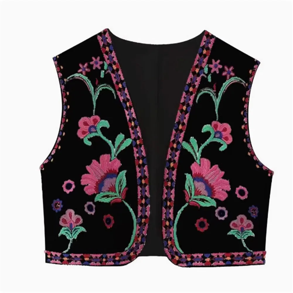 Various Colors Women French Vintage Sleeveless Loose Embroidered Crop Top with Floral Pattern