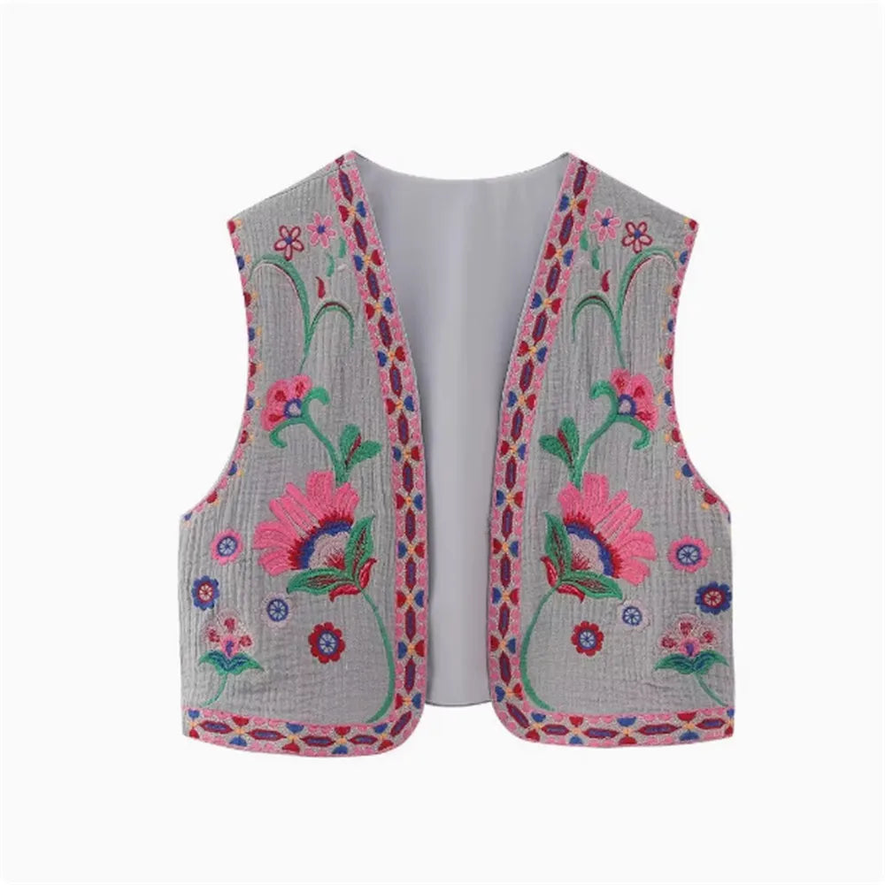 Various Colors Women French Vintage Sleeveless Loose Embroidered Crop Top with Floral Pattern