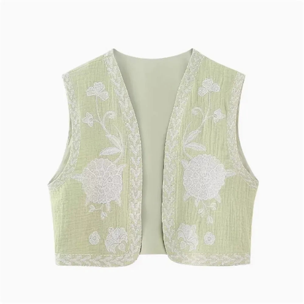 Various Colors Women French Vintage Sleeveless Loose Embroidered Crop Top with Floral Pattern