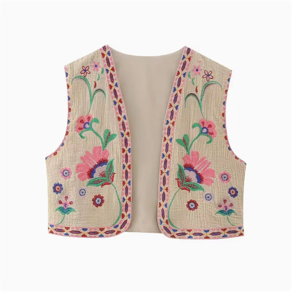 Various Colors Women French Vintage Sleeveless Loose Embroidered Crop Top with Floral Pattern