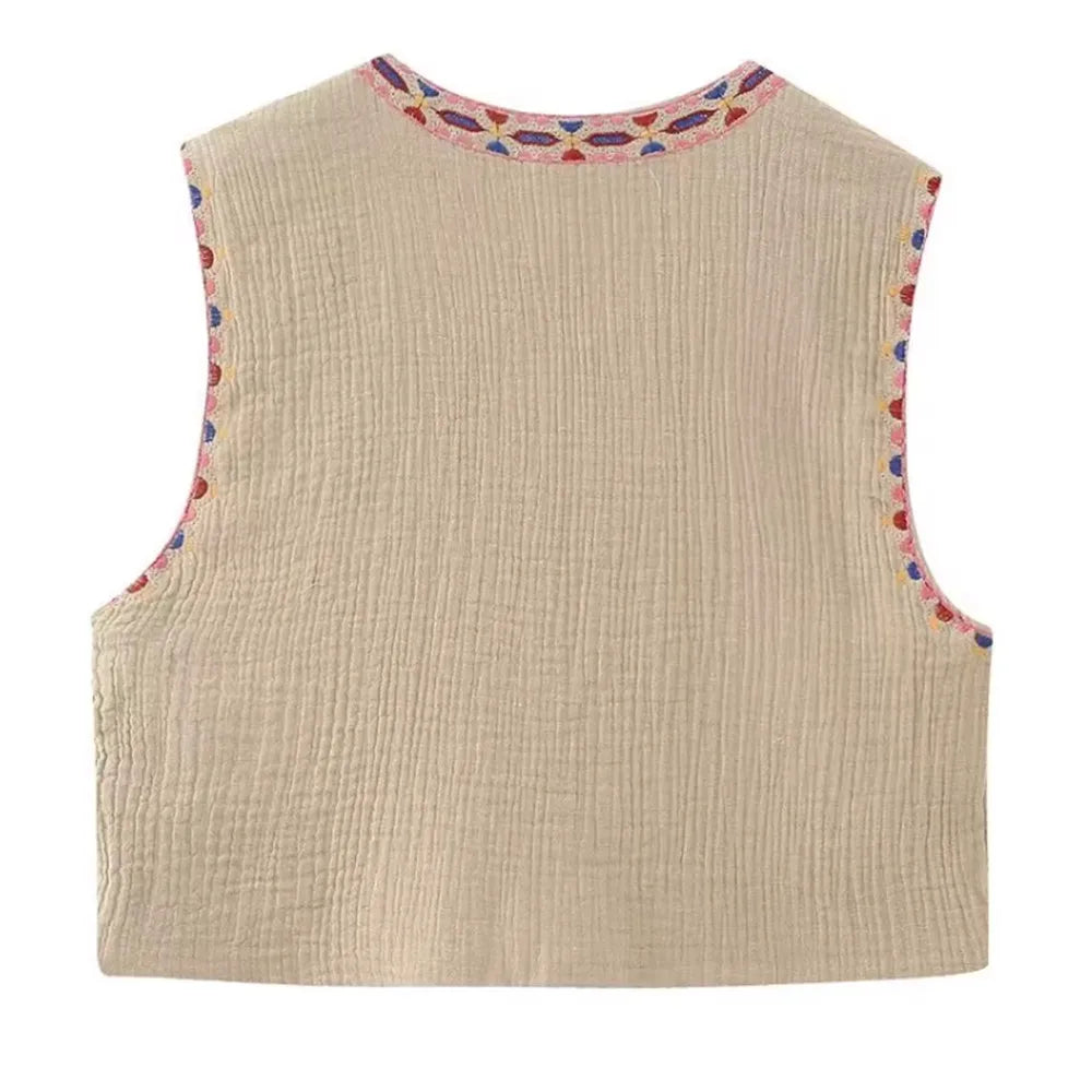Various Colors Women French Vintage Sleeveless Loose Embroidered Crop Top with Floral Pattern