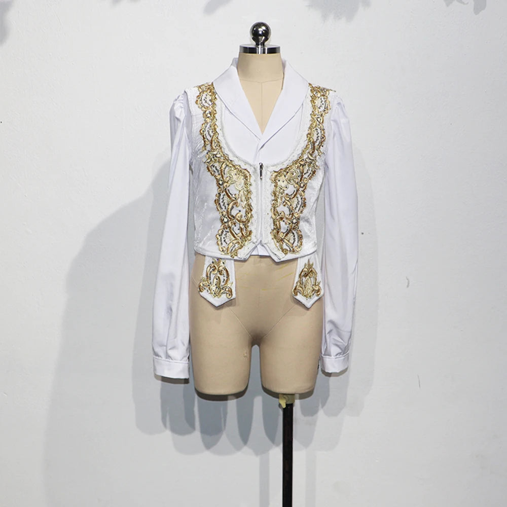 White Gold Trim Men’s Ballet Dance Top Prince Ballet Vest Short Custom Ethnic Performance Costume