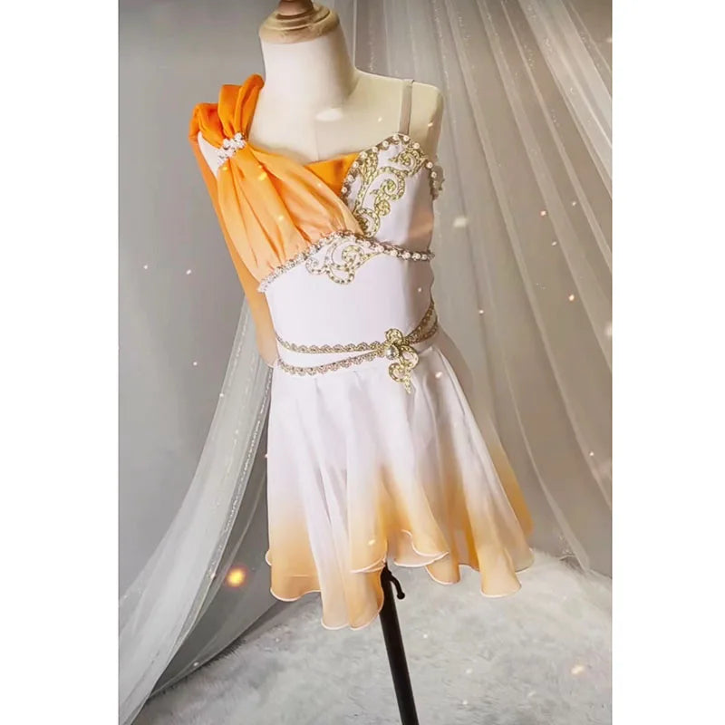 Woman Orange White Cupid Variation Ballet Costumes Gradual Chiffon Skirt,Soft Little Cupid Ballet Dancewear Leotard Dresses