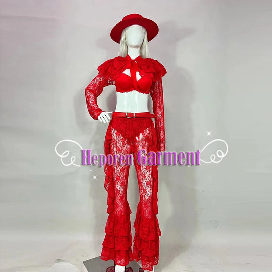 Woman Red Cowboy Clothes Lace Top And Trousers With Hat For Christmas Tour,New Year Chinese Red Lace Bar Dance Costumes