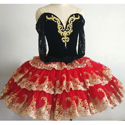 Women Adult Black Red Long Sleeve Ballet Tutu Dress Don Quixote Ballet Tutu Skirt Professional Classical Ballerina Stage Costume