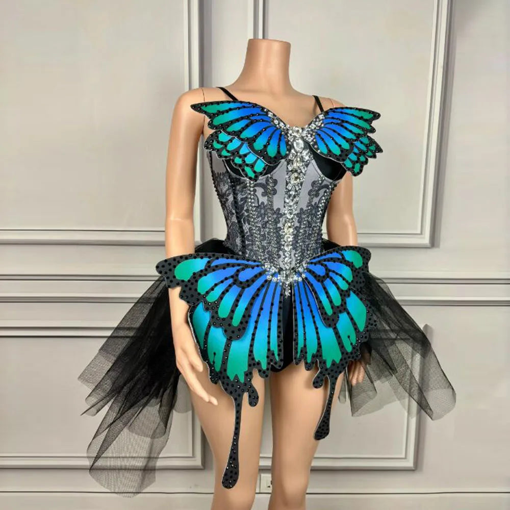 Women Blue Black Butterfly Shining Party Sparkle Sequined Short Dress, Singer Costumes Overalls With Diamonds