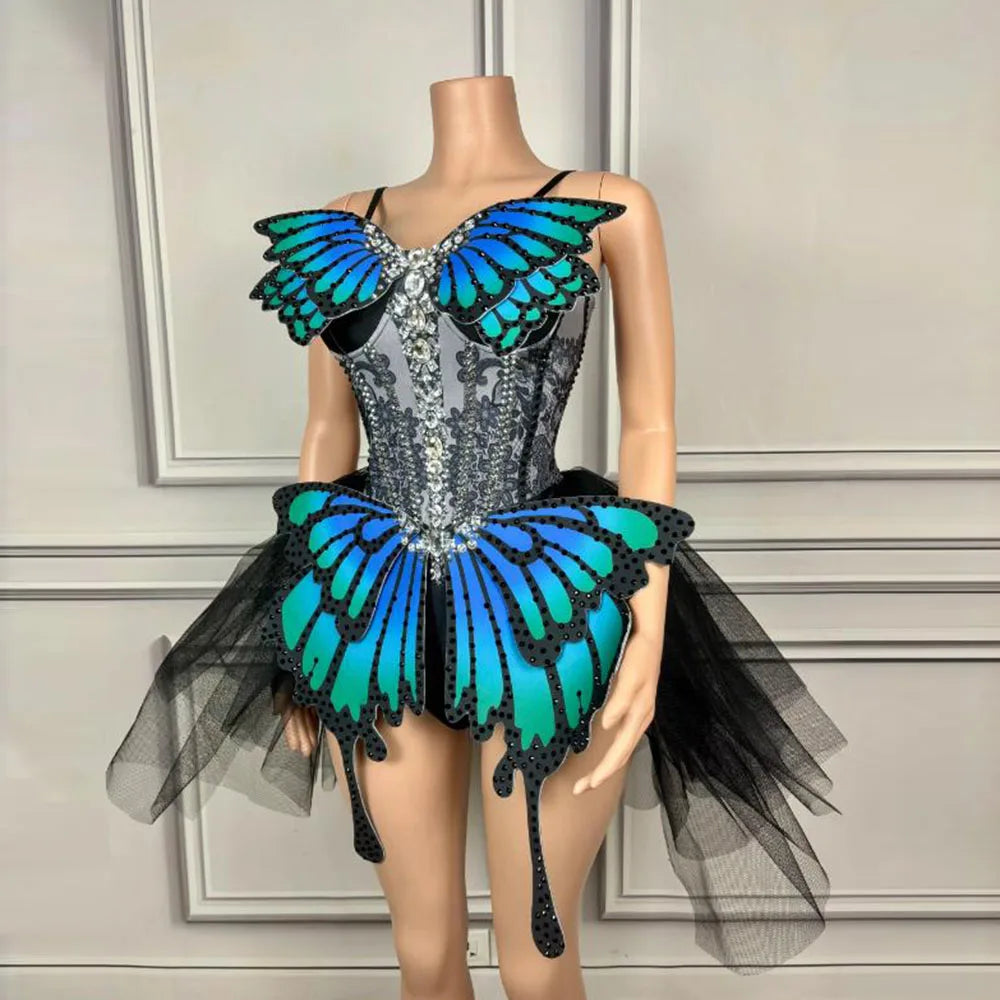 Women Blue Black Butterfly Shining Party Sparkle Sequined Short Dress, Singer Costumes Overalls With Diamonds