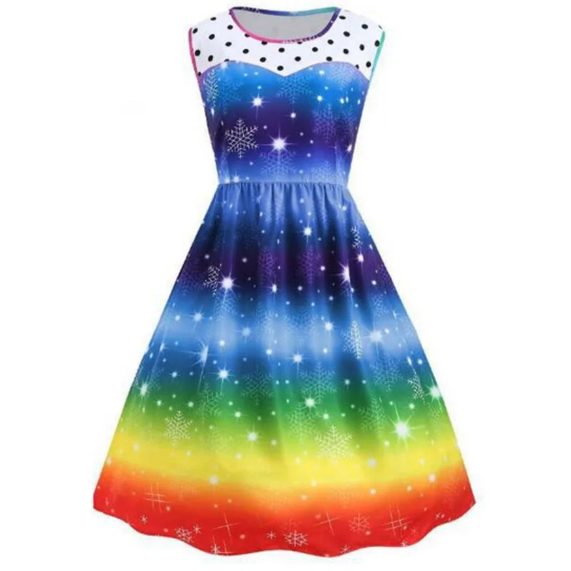 Women Colorful Pattern Printing Christmas Dress, Dot Bright Vintage Sleeveless Rainbow Print Party Swing Gown Skirt