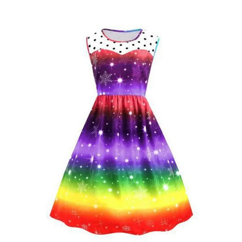 Women Colorful Pattern Printing Christmas Dress, Dot Bright Vintage Sleeveless Rainbow Print Party Swing Gown Skirt