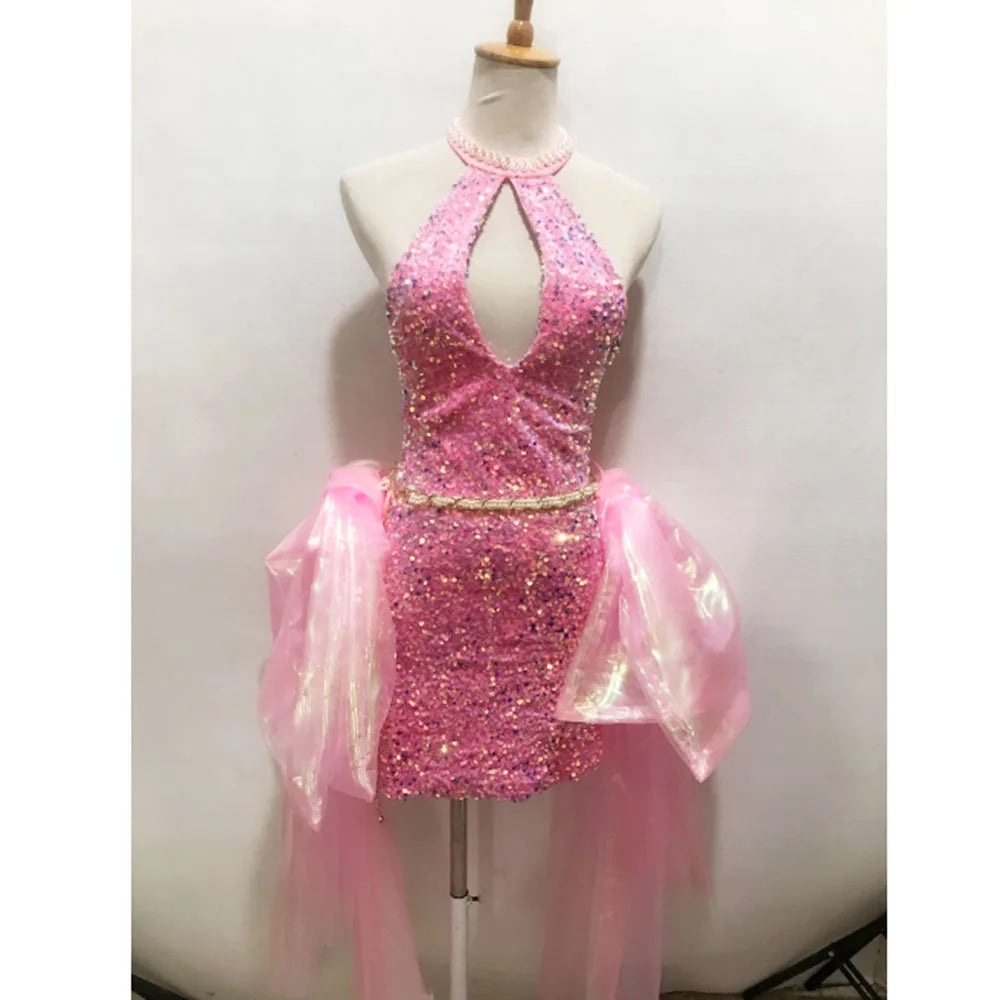 Women Pink Party Sparkle Sequined Short Dress With Detachable Waist Hemlines,Sleeveless Water Bust DJ Singer Costumes Overalls