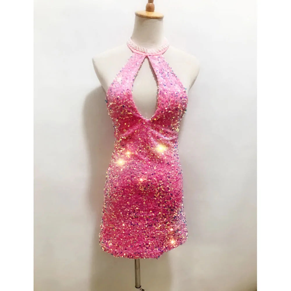 Women Pink Party Sparkle Sequined Short Dress With Detachable Waist Hemlines,Sleeveless Water Bust DJ Singer Costumes Overalls