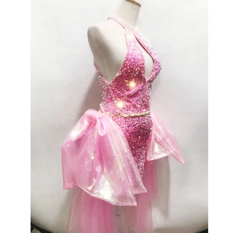 Women Pink Party Sparkle Sequined Short Dress With Detachable Waist Hemlines,Sleeveless Water Bust DJ Singer Costumes Overalls