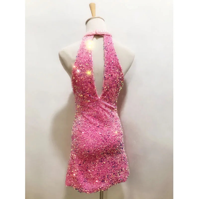 Women Pink Party Sparkle Sequined Short Dress With Detachable Waist Hemlines,Sleeveless Water Bust DJ Singer Costumes Overalls