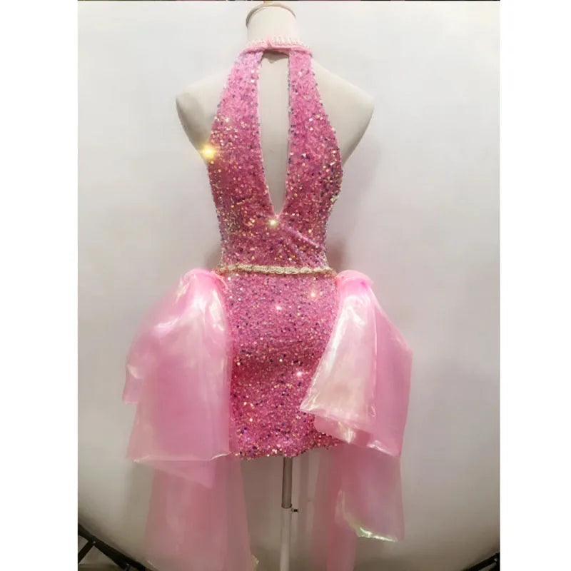 Women Pink Party Sparkle Sequined Short Dress With Detachable Waist Hemlines,Sleeveless Water Bust DJ Singer Costumes Overalls