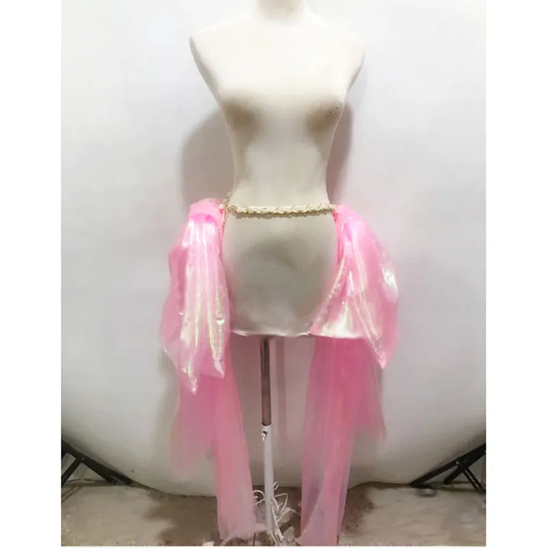 Women Pink Party Sparkle Sequined Short Dress With Detachable Waist Hemlines,Sleeveless Water Bust DJ Singer Costumes Overalls