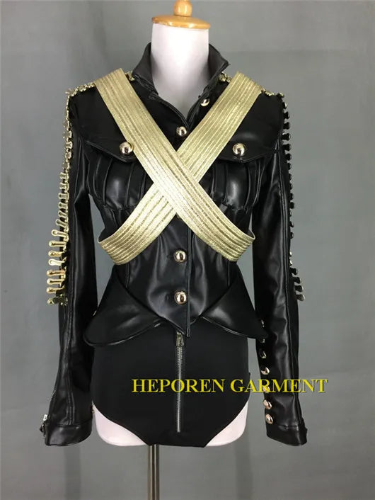 Women Sexy Club Jumpsuits Black Leather,B Eyonce Style Bodysuit Military Costumes Customized Coat Pants Singer