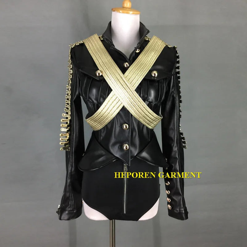 Women Sexy Club Jumpsuits Black Leather,B Eyonce Style Bodysuit Military Costumes Customized Coat Pants Singer