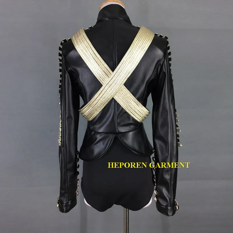 Women Sexy Club Jumpsuits Black Leather,B Eyonce Style Bodysuit Military Costumes Customized Coat Pants Singer