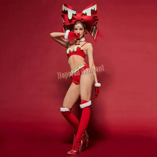 Women's New Year Christmas Parade Costumes, Bar Interactive Performance Costumes With Oversized Hairpin Shaped Headwear