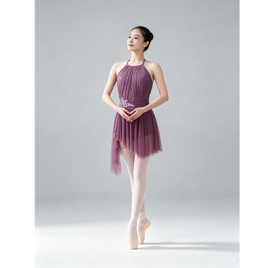 Halter Lyrical Ballet Dance Costume With Built In Asymmetrical Skirt,Lace Sequin Asymmetrical Mesh Ballet Dress for Women