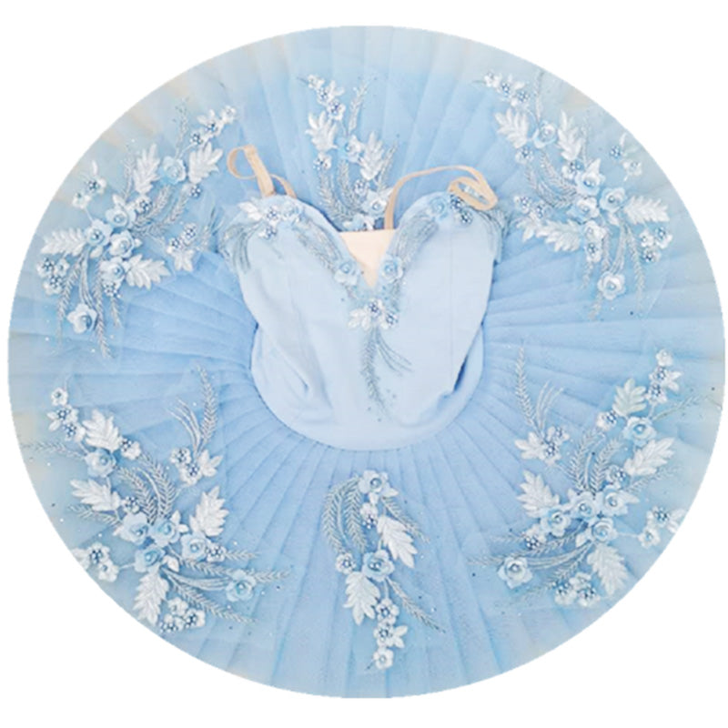 Girl Sky Blue Swan Lake Ballet Dress Ballerina Tutu Dresses With Flower Decoration Pancake Tutus Party Costumes