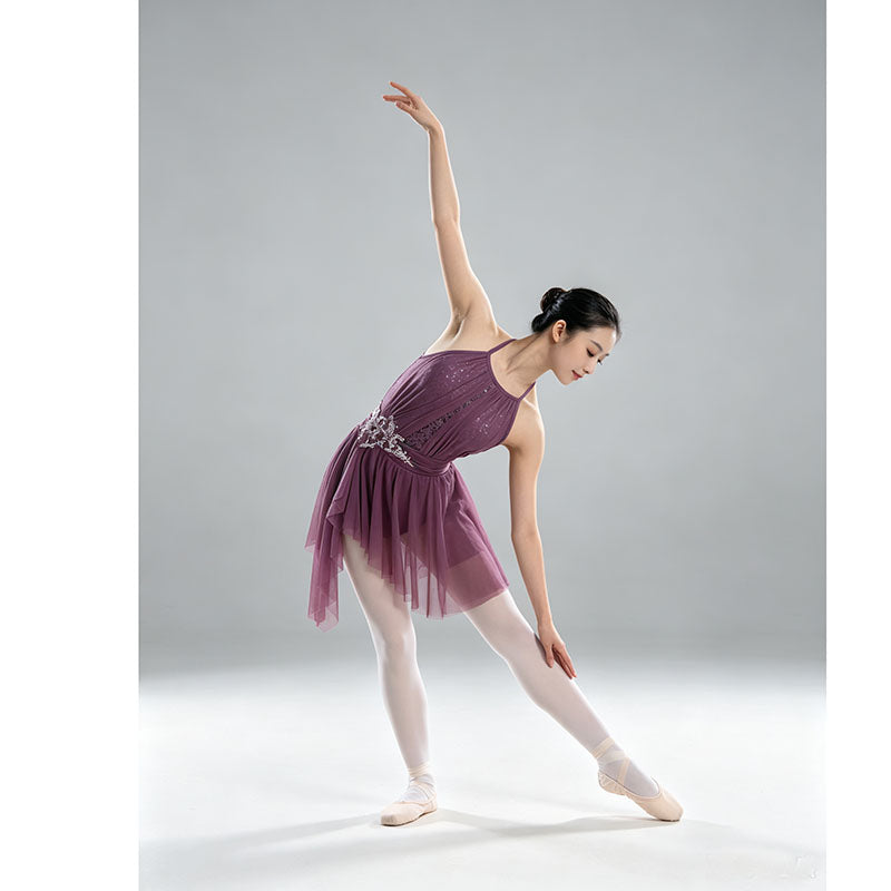 Halter Lyrical Ballet Dance Costume With Built In Asymmetrical Skirt,Lace Sequin Asymmetrical Mesh Ballet Dress for Women