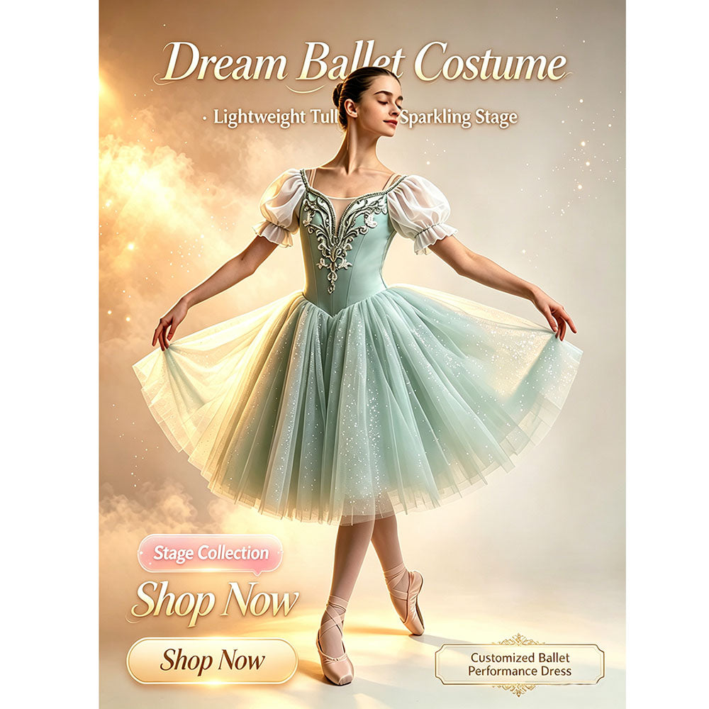 Light Green Romantic Long Ballet Dress With Sparkling Embroidery Rhinestone Green Fairy Ballet Costume