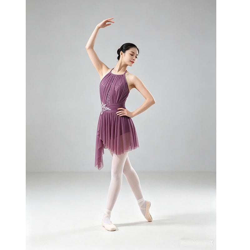 Halter Lyrical Ballet Dance Costume With Built In Asymmetrical Skirt,Lace Sequin Asymmetrical Mesh Ballet Dress for Women