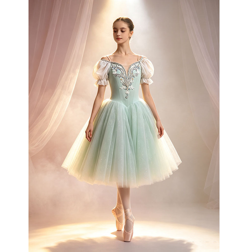 Light Green Romantic Long Ballet Dress With Sparkling Embroidery Rhinestone Green Fairy Ballet Costume