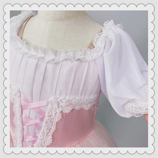 Girls Pink Ballet Tutu Dress Puff Sleeve Lace Trim Giselle Style Princess Dance Performance Costume