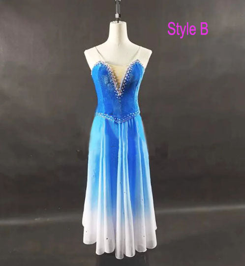 Female Adults or Children's Gradient Blue Ballet Long Dress,Sleeveless Romantic Balet Dresses For Performance Stage