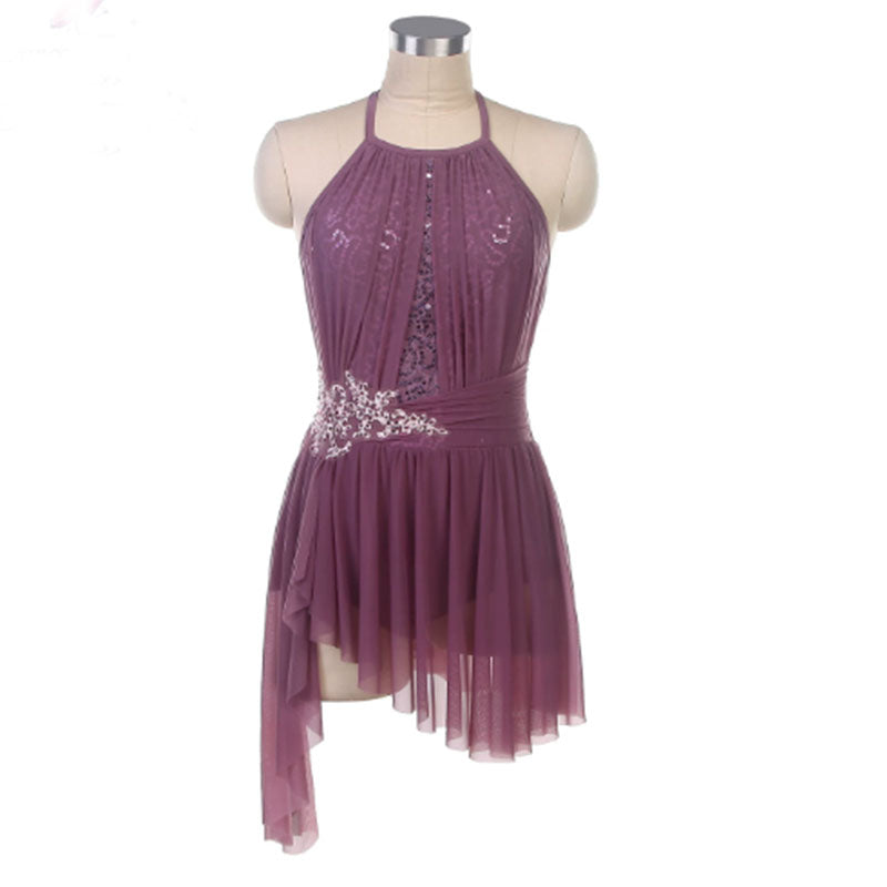Halter Lyrical Ballet Dance Costume With Built In Asymmetrical Skirt,Lace Sequin Asymmetrical Mesh Ballet Dress for Women